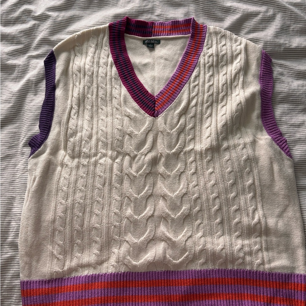 Cream Cable Knit Vest with Purple and Pink Trim